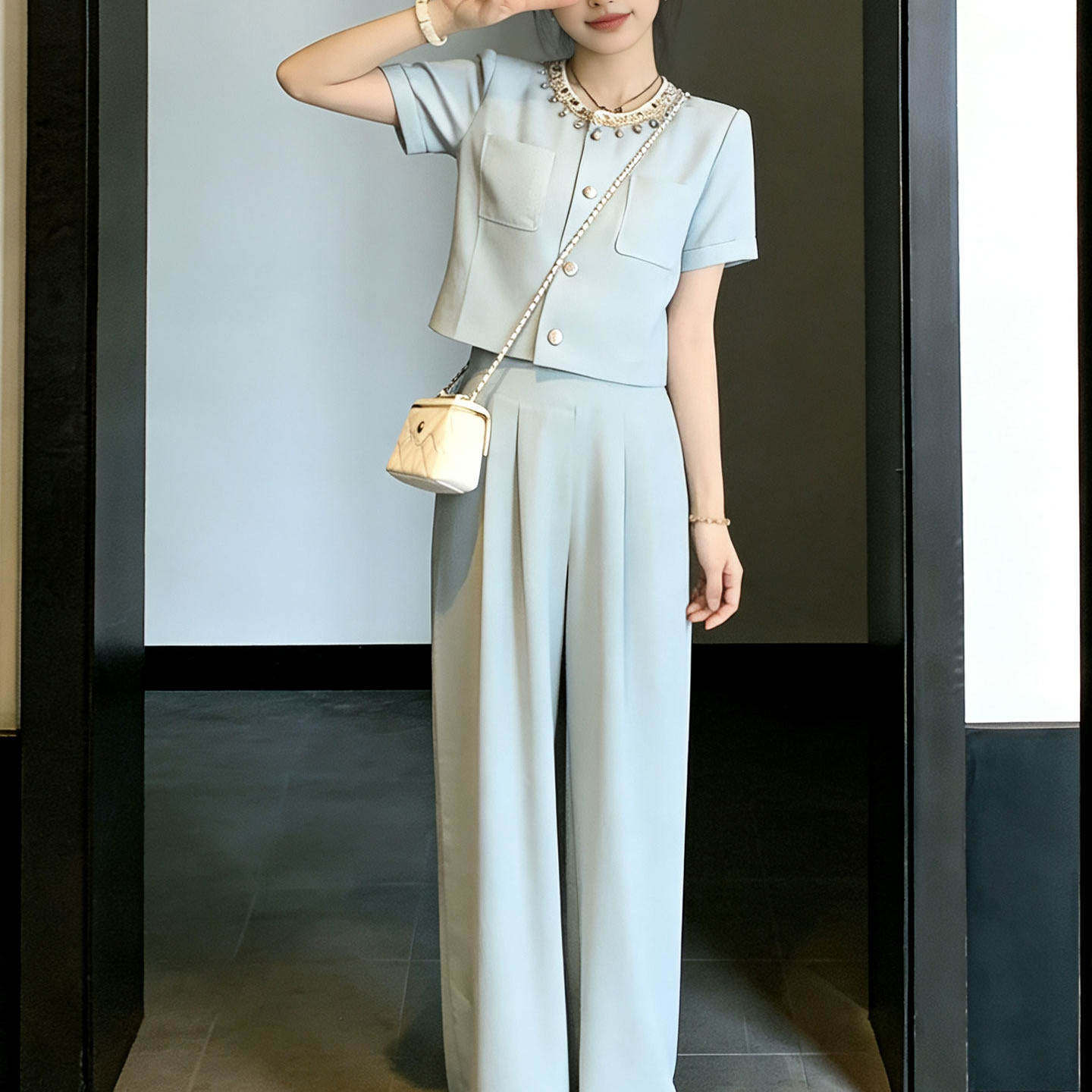 轻熟夏季小个子漂亮套装女高级感气质小香风上衣阔腿裤时尚两件套