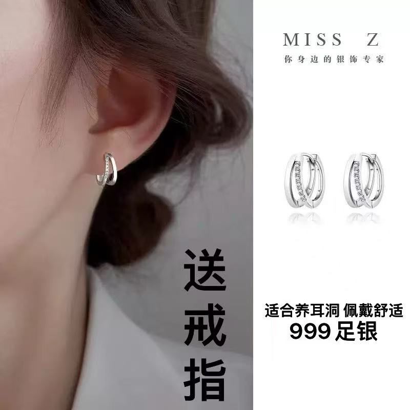 S999银双层素圈耳扣女2025新款爆款高级感睡觉免摘耳环小众耳饰品