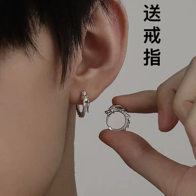 S999纯银耳环男高级感痞帅盘龙耳钉男生新中式独特女耳饰2025新款