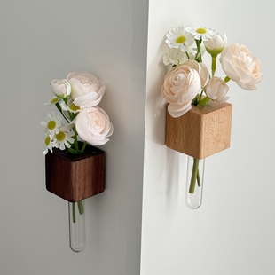 ins墙面干花插花瓶中古风木质壁挂小花瓶榉木试管花瓶磁吸冰箱贴