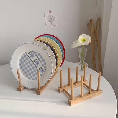 ins风木质盘杯碟书本餐具沥水架