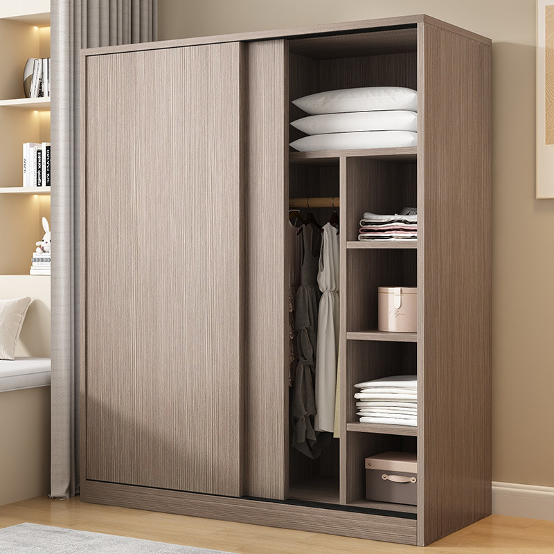 衣柜卧室家用米灰色柜子简易组装推拉门储物柜小户型出租房用衣橱
