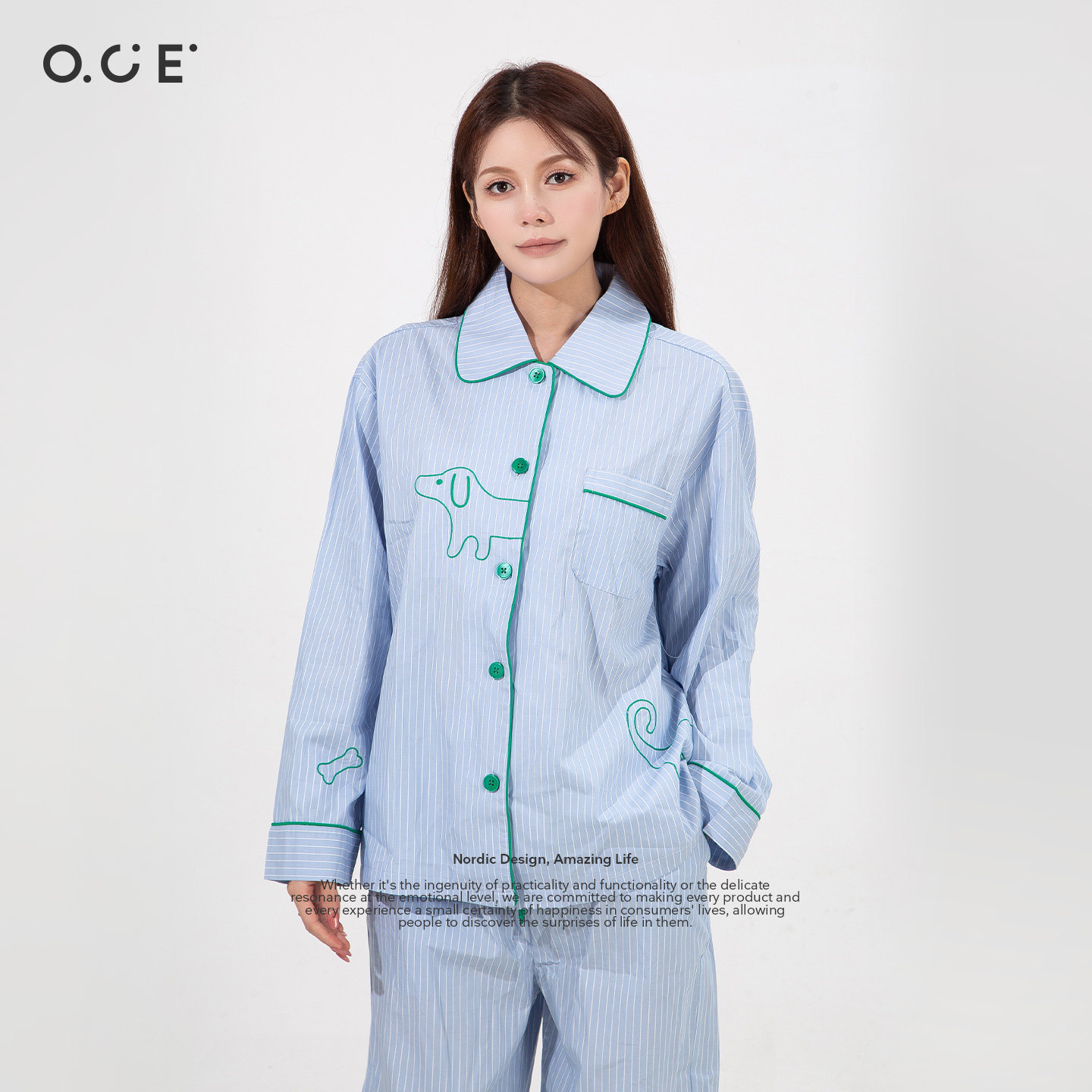 OCE秋冬新款条纹纯棉家居服套装长裤长袖开衫宽松睡衣女款可外穿