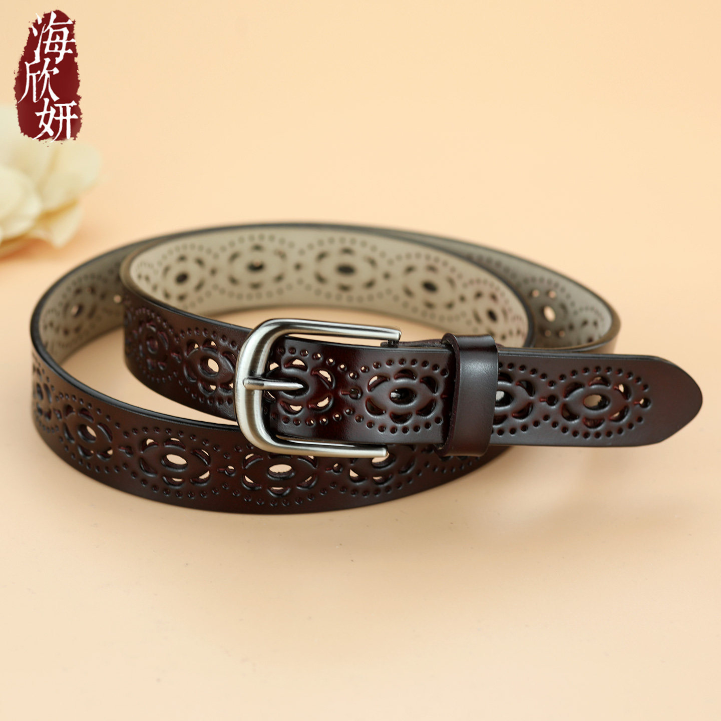 皮带女款真皮牛皮深咖色镂空宽腰带时尚百搭装饰配裙阔腿牛仔裤带