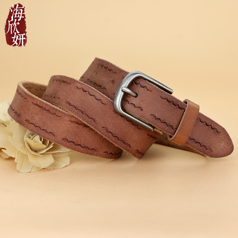 皮带女真皮头层软牛皮小众设计感复古手工腰带宽装饰配裙牛仔裤带