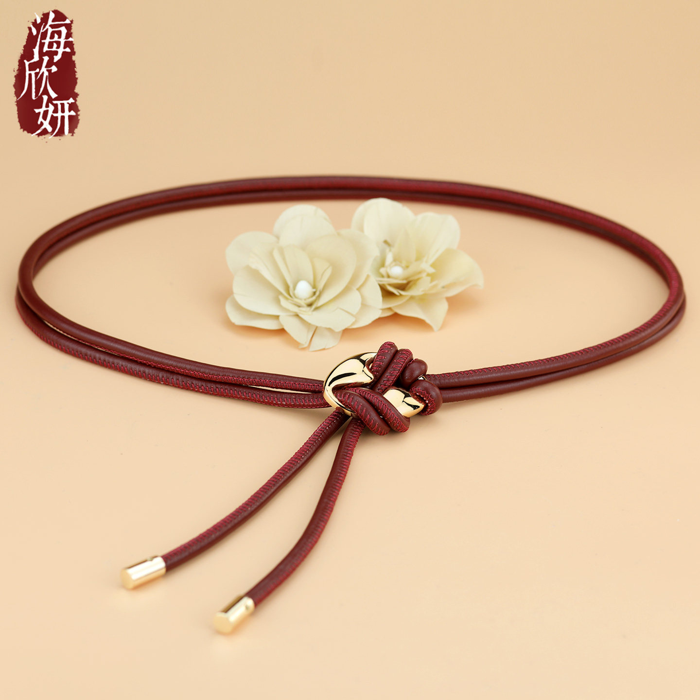 细腰带女真皮软羊皮本命年红色打结小皮带时尚百搭装饰配裙子腰链