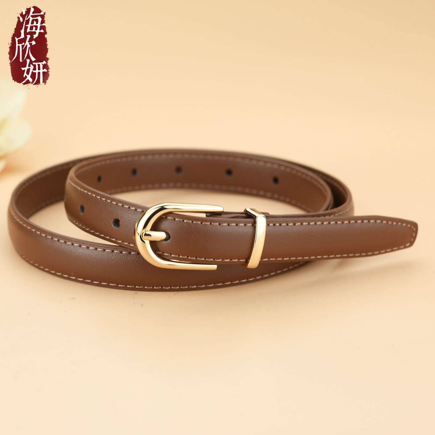 小腰带女真皮牛皮咖色复古时尚针扣皮带百搭装饰配裙阔腿牛仔裤带