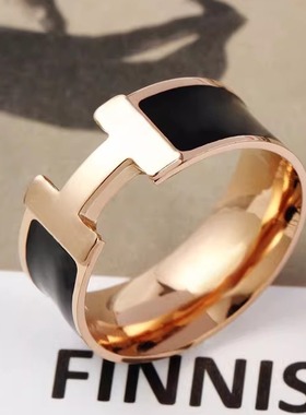 樊霄同款 欧美简约轻奢H字母珐琅钛钢玫瑰金男女情侣时尚个性戒指