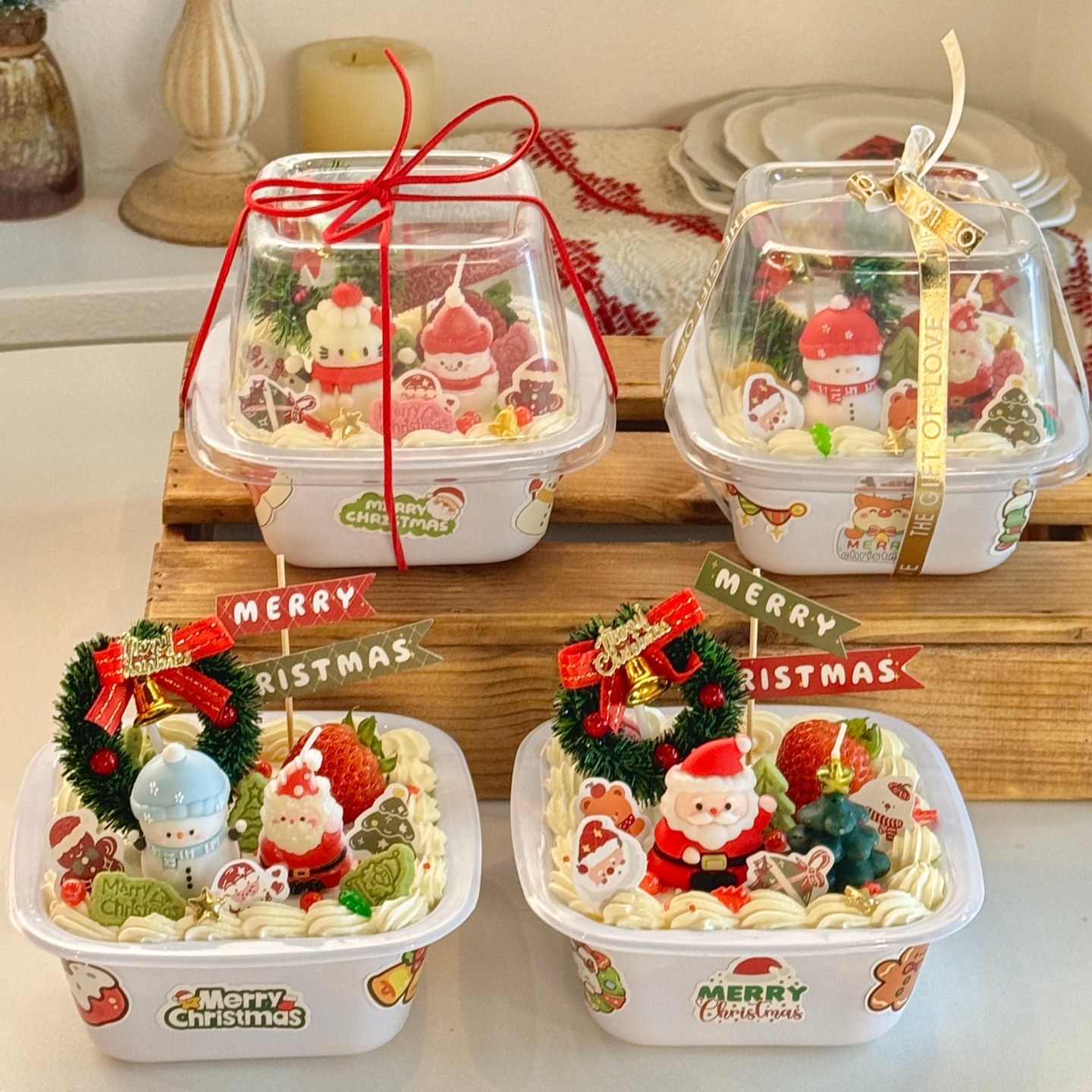圣诞节2026圣诞老人雪人蛋糕包装盒摆件4寸透明装扮甜品便当盒