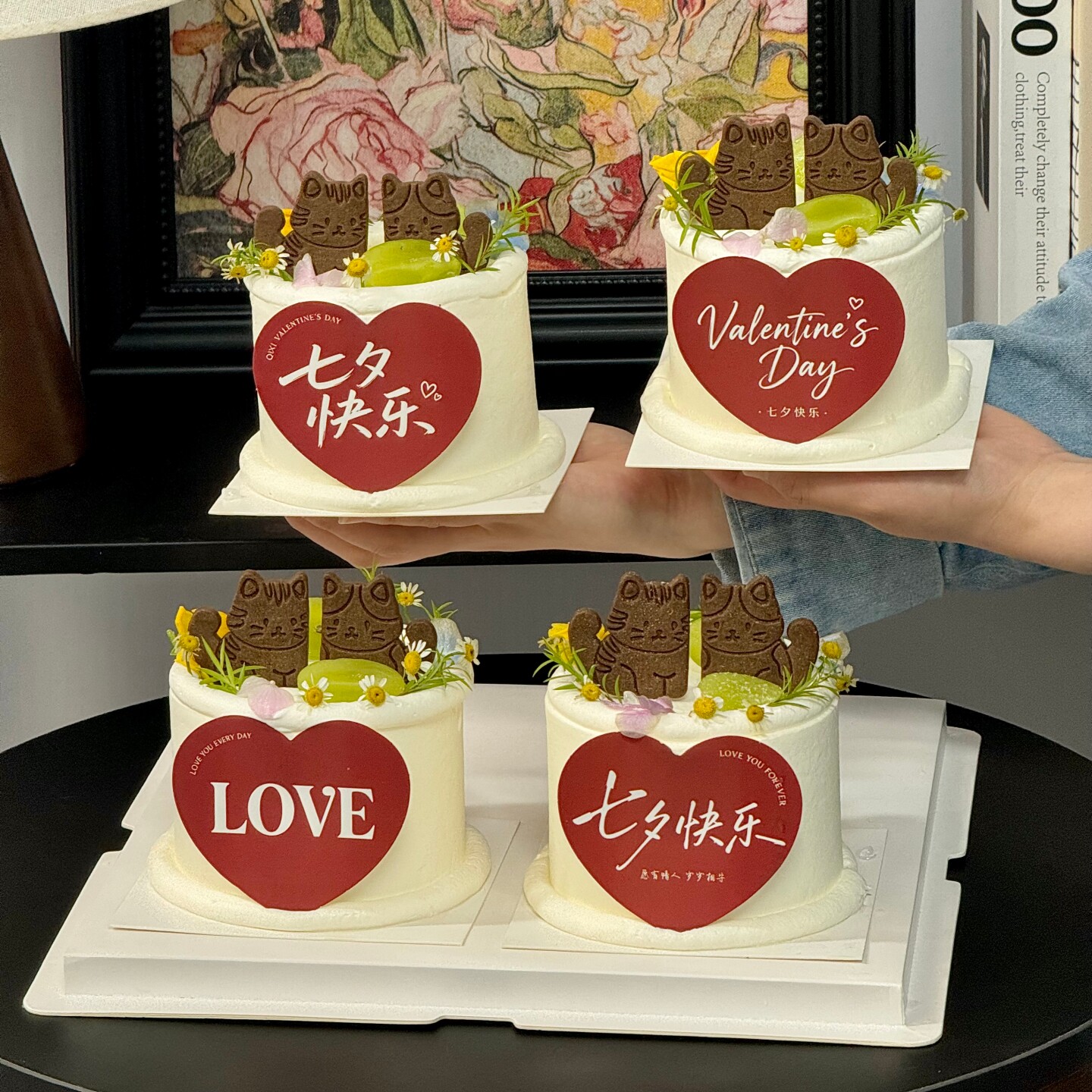 网红唯美七夕情人节对对猫造型饼干蛋糕装饰LOVE爱心卡片甜品插牌