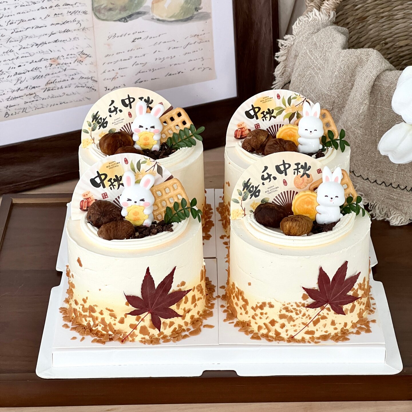 网红中秋节快乐扇子蛋糕装饰插件软胶月饼小兔子节日甜品装扮摆件