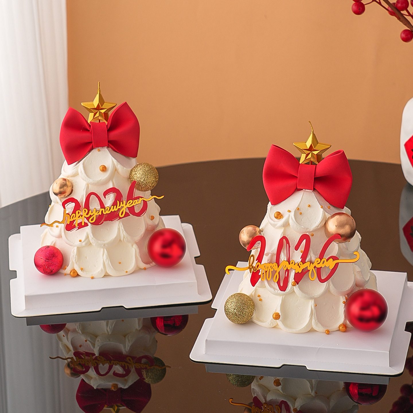 2026跨年新年蛋糕装饰亚克力插牌红色蝴蝶结许愿树五角星蜡烛插件