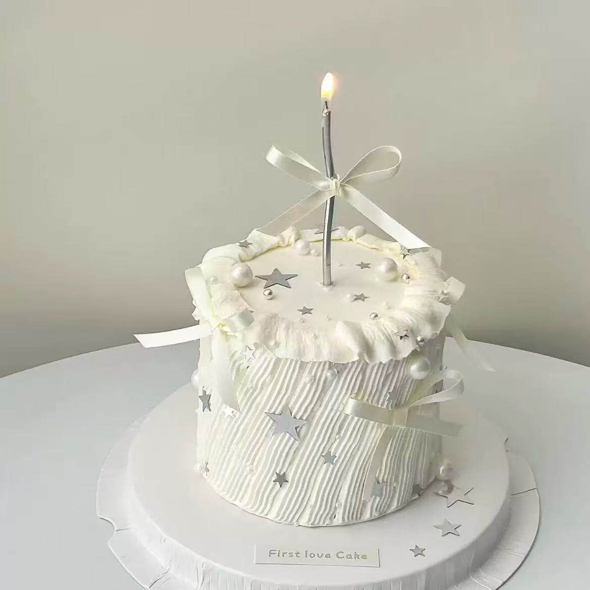 ins风银色闪片星星蛋糕装饰唯美曲线蜡烛丝带女生生日派对装扮