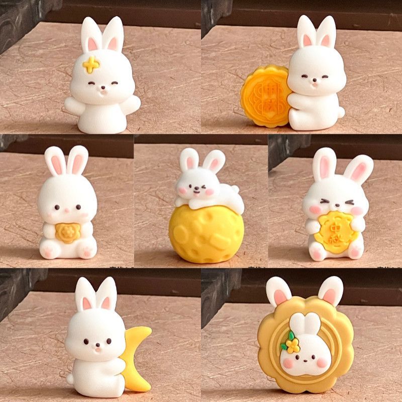 网红中秋节吃月饼小兔子套餐蛋糕装饰摆件软胶玉兔甜品台装扮配件