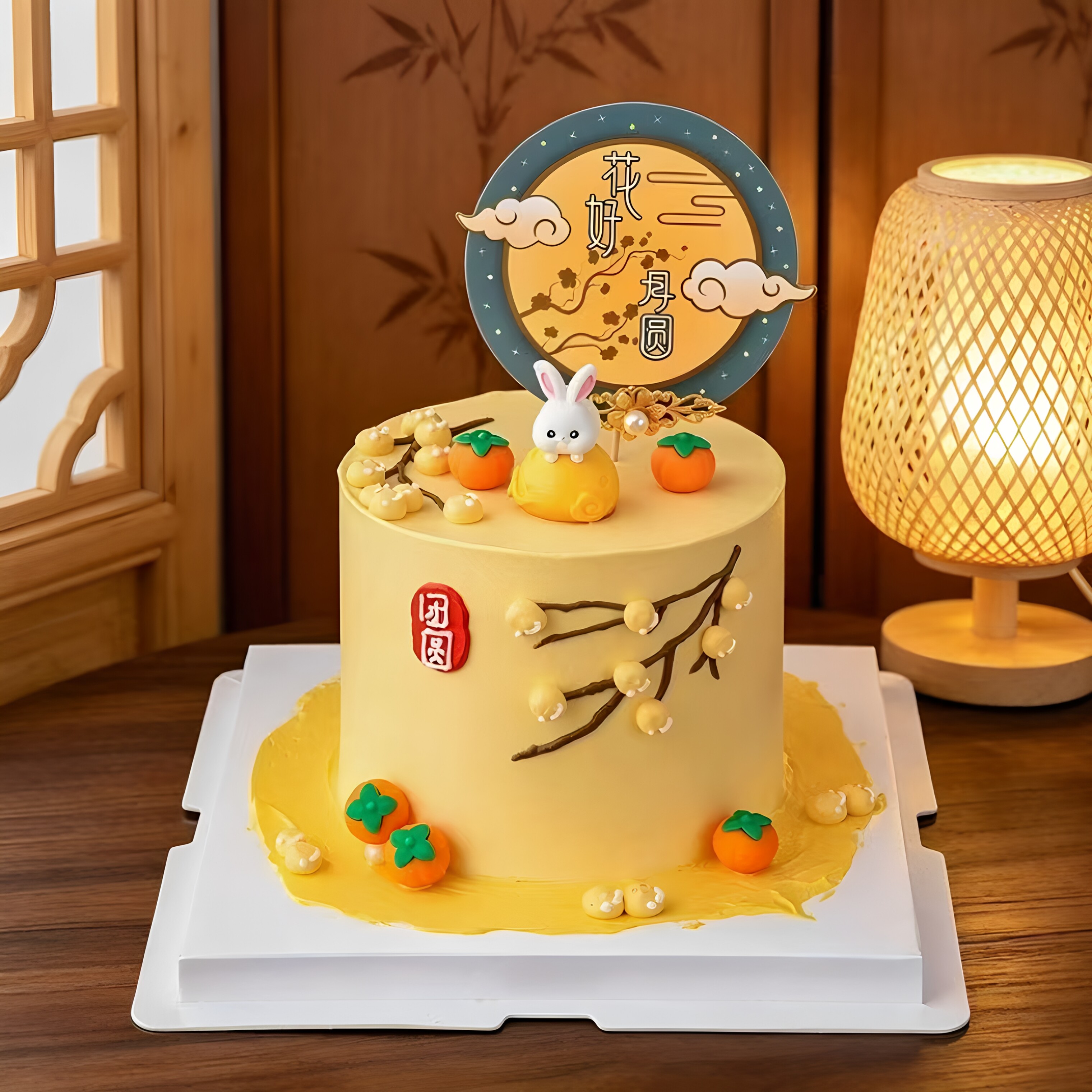 2026中秋节圆牌花好月圆蛋糕装饰插牌软胶小兔子柿子甜品装扮摆件