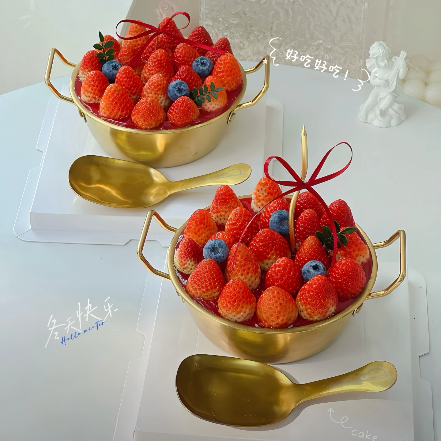 网红圣诞节新年不锈钢金色双耳碗草莓蛋糕不锈钢锅草莓跨跨年碗