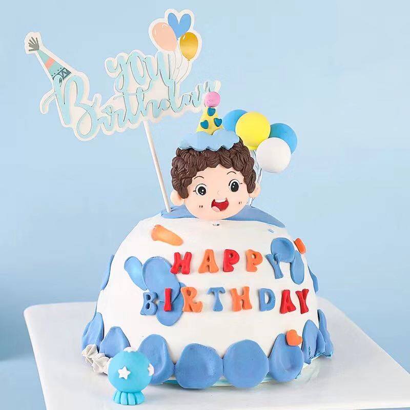 六一生日派对帽男孩软陶插件烘焙蛋糕装饰小朋友生日蛋糕插牌插件