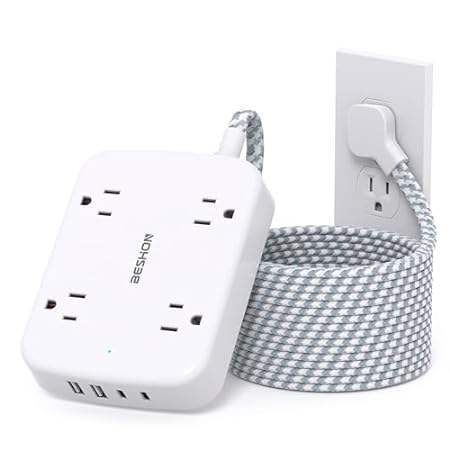 10FT Surge Protector Power Strip， Flat Extension Cord wit