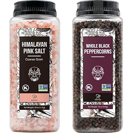Soeos Himalayan Pink Salt 39 oz + Whole Black Peppercorns