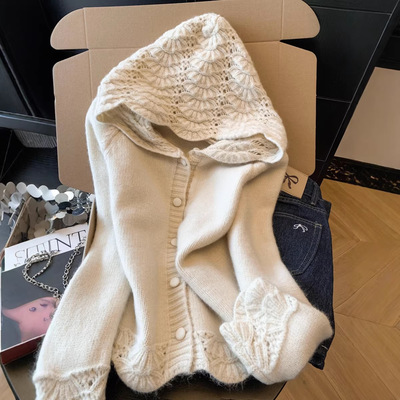 广州十三行女装镂空连帽针织开衫