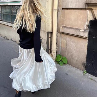 白色缎面花苞长裙大码 女a字半身裙梨型身材遮胯春游裙伯克利半裙