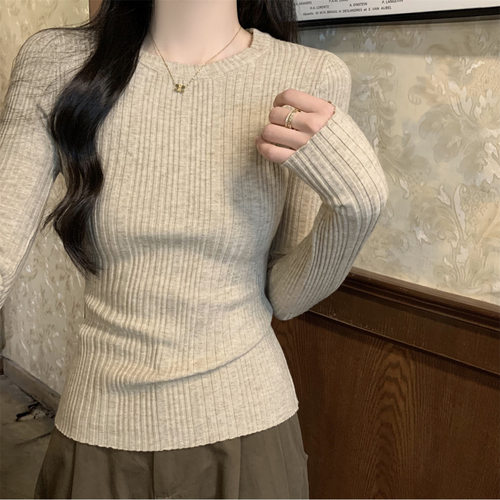 高级感ins坑条内搭毛衣女针织衫秋冬修身正肩长袖上衣时髦打底衫