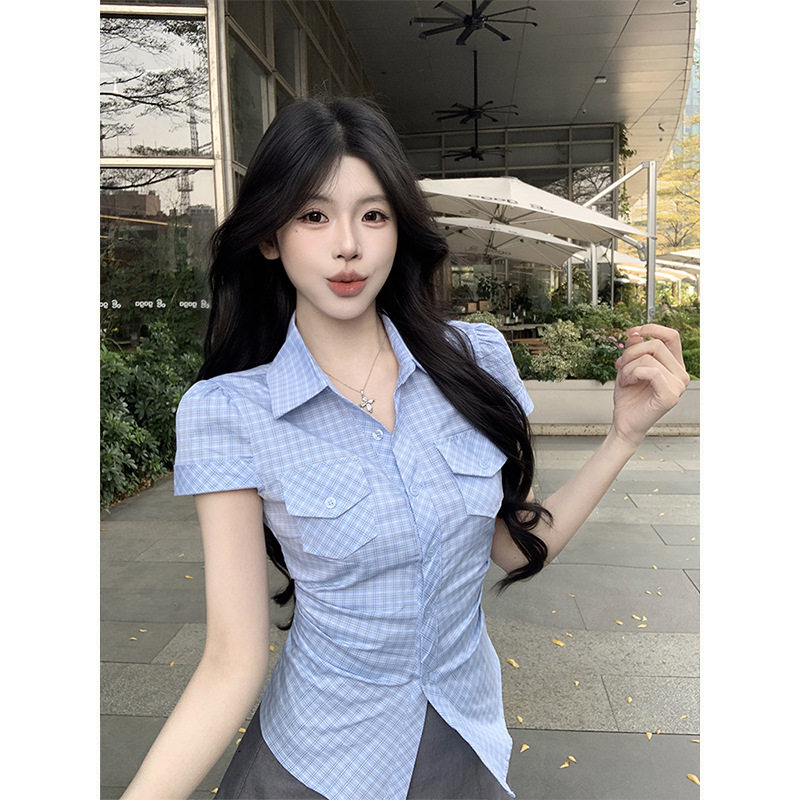 Take off 美式修身收腰正肩格子短袖衬衫女夏季显瘦bm风辣妹上衣