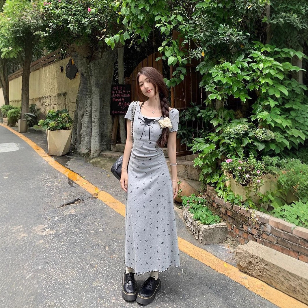 灰色波点蝴蝶结假两件连衣裙子2025女新款夏季小个子修身显瘦长裙