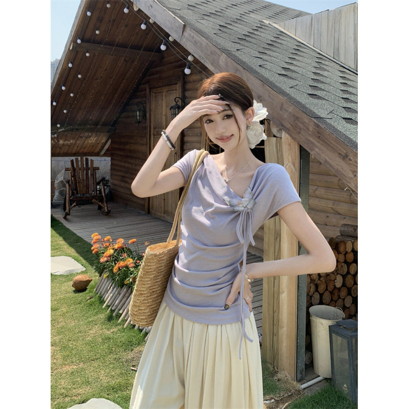 法式荡领蝴蝶结短袖T恤女夏季