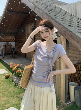 法式荡领立体蝴蝶结短袖T恤女2025夏季新紫色不规则设计别致上衣