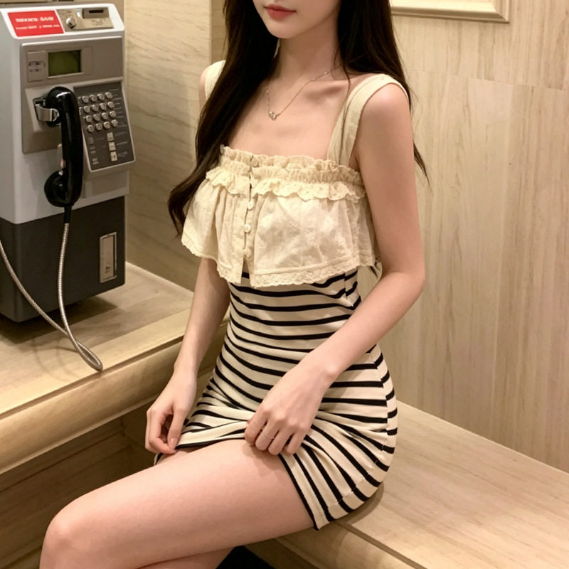 Take off古早少女心事软妹风氛围感条纹假两件韩系高腰连衣包臀裙
