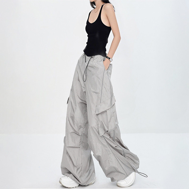灰色美式工装裤女夏薄款酷飒风休闲伞兵抽绳高腰宽松速干阔腿裤