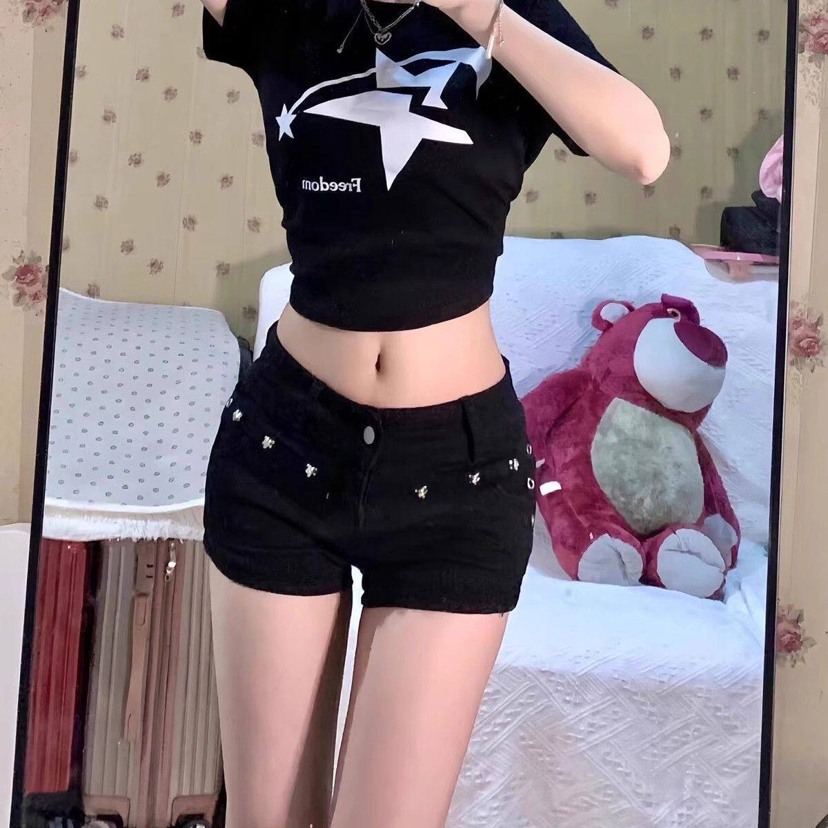 黑色低腰牛仔超短裤女夏y2k轻亚文化热裤美式辣妹弹力包臀裤子潮