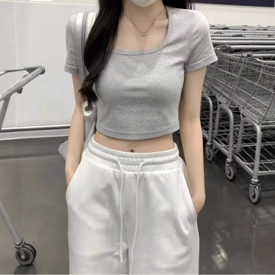 美式低领辣妹短袖t恤女夏U领修身显瘦纯欲高腰露肚脐性感短款上衣