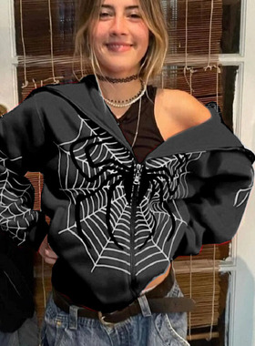 TAKEOFF2025INS秋冬蜘蛛网印花街头潮人拉链抓绒美式外套