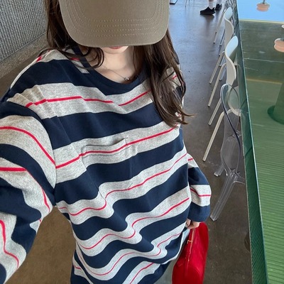 miu系条纹长袖t恤慵懒松弛感上衣