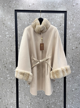 TAKE OFF~新年斗篷100澳羊毛狐狸毛双面呢大衣女秋冬新款毛呢外套