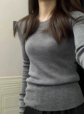 自留款正肩灰色春秋冬季针织打底衫加厚修身显瘦圆领毛衣内搭上衣