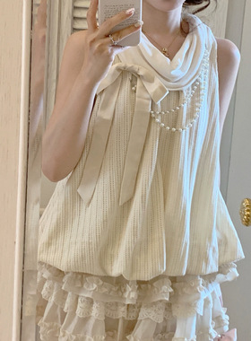 TONGAABB初恋褶皱 辣妹杏色翻领蝴蝶结无袖上衣女蛋糕裙套装夏季