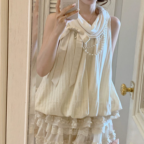 TONGAABB初恋褶皱 辣妹杏色翻领蝴蝶结无袖上衣女蛋糕裙套装夏季