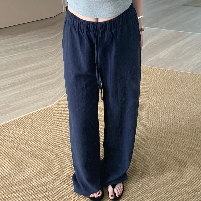 Take off / 低腰复古冰丝直筒亚麻裤～松紧腰