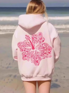 2025 新版欧码女士落肩袖螺纹Hawaii Hibiscus品牌卫衣连帽衫印花