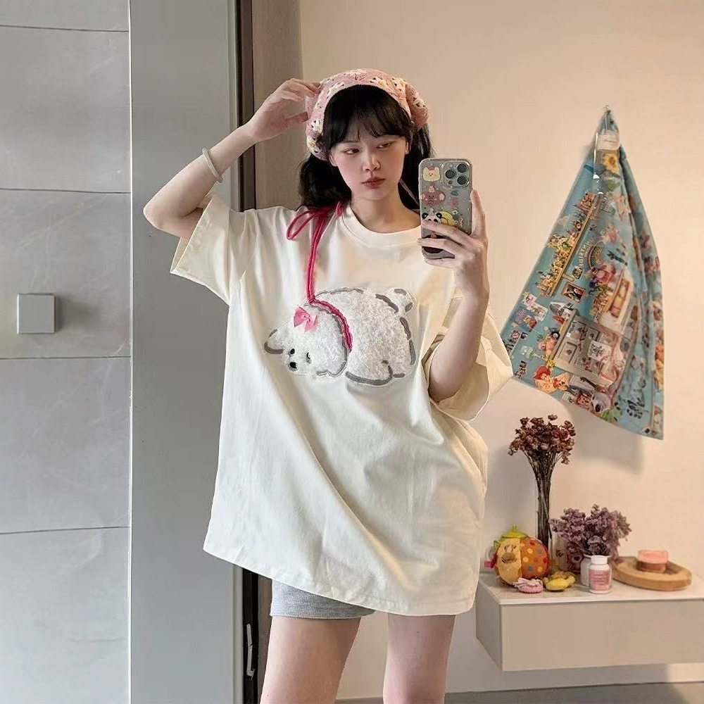 大码胖MM趣味可爱植绒卡通小狗短袖T恤女夏季宽松显瘦设计感上衣