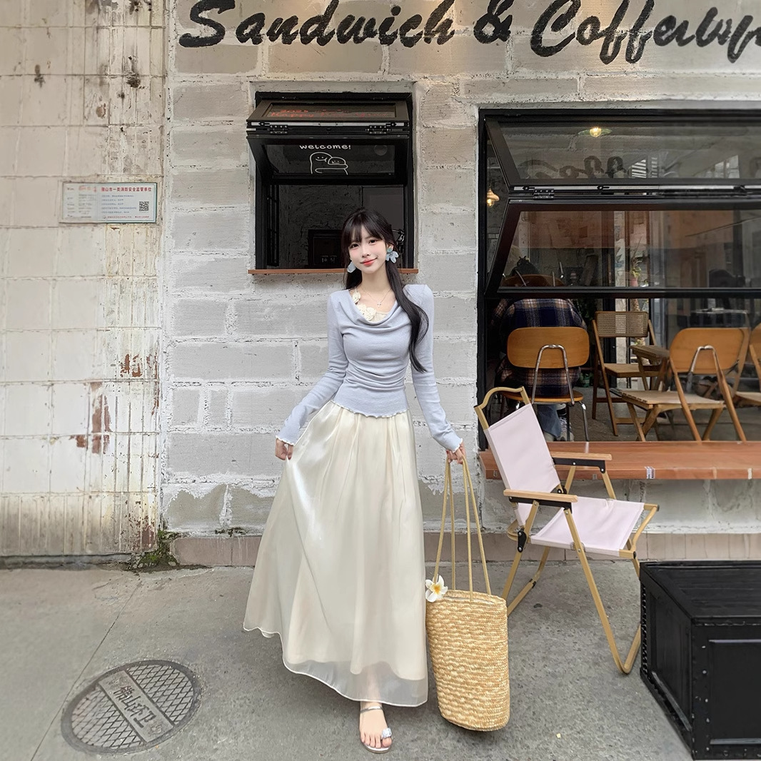 拉夏贝尔纯欲风立体花朵拼接荡领长袖T恤女设计感小众假两件上衣