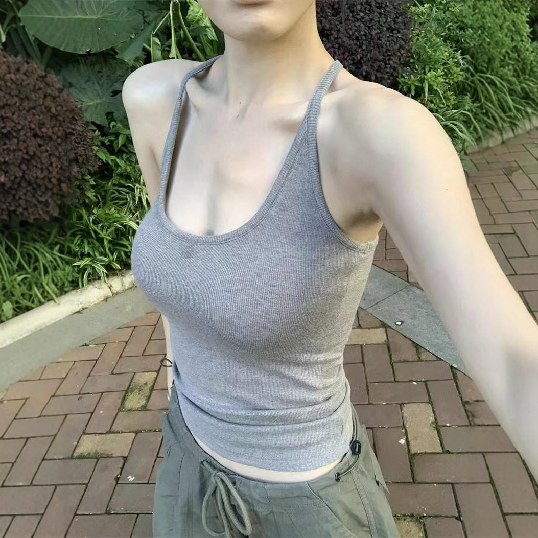 灰色吊带背心女夏季防走光遮副乳打底内搭带胸垫外穿挂脖美背上衣