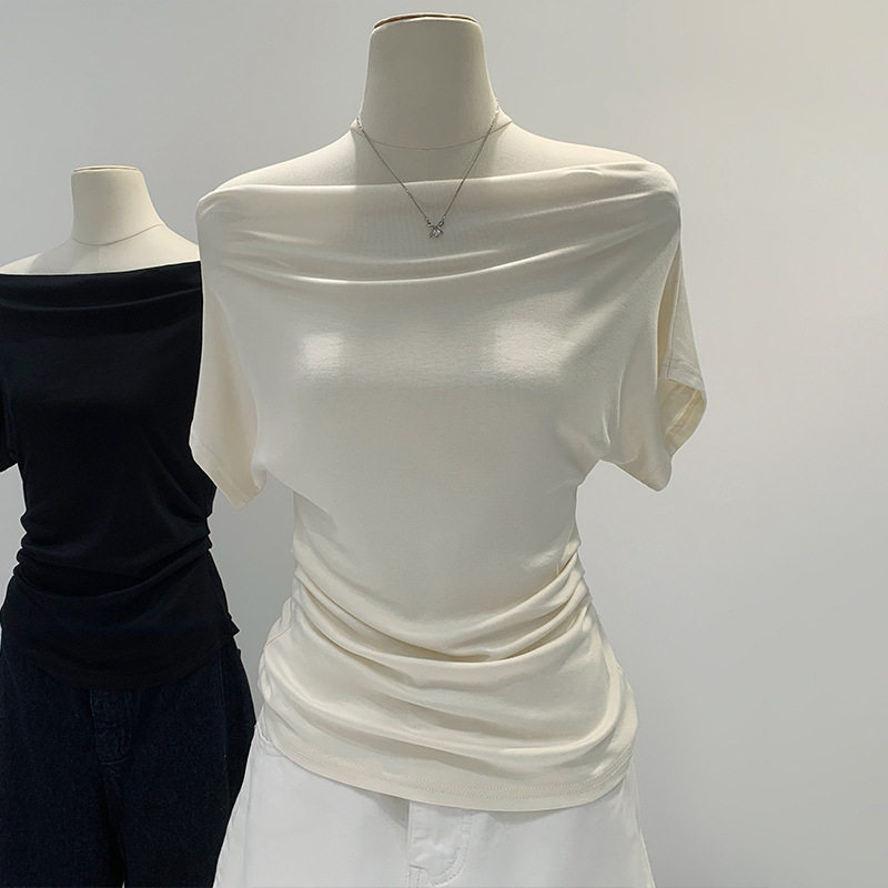 一字肩荡领白色短袖T恤女夏高级设计感独特绝美修身露肩斜肩上衣