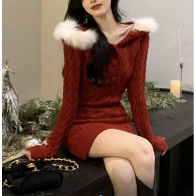 纯欲辣妹圣诞性感跨年战袍连衣裙女秋冬连帽毛领针织红色包臀裙子