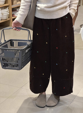 爱心刺绣灯芯绒气球裤女冬加绒藏蓝色阔腿裤大码显瘦小个子休闲裤