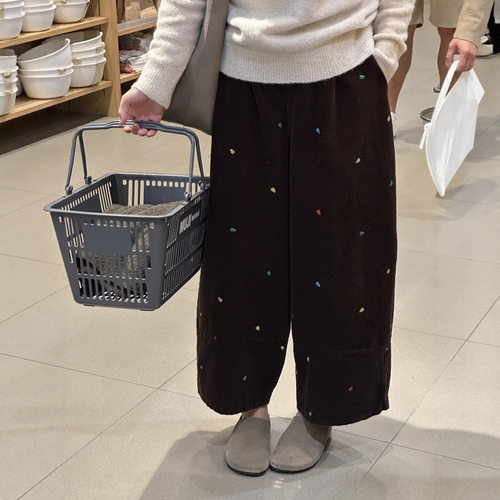 爱心刺绣灯芯绒气球裤女冬加绒藏蓝色阔腿裤大码显瘦小个子休闲裤