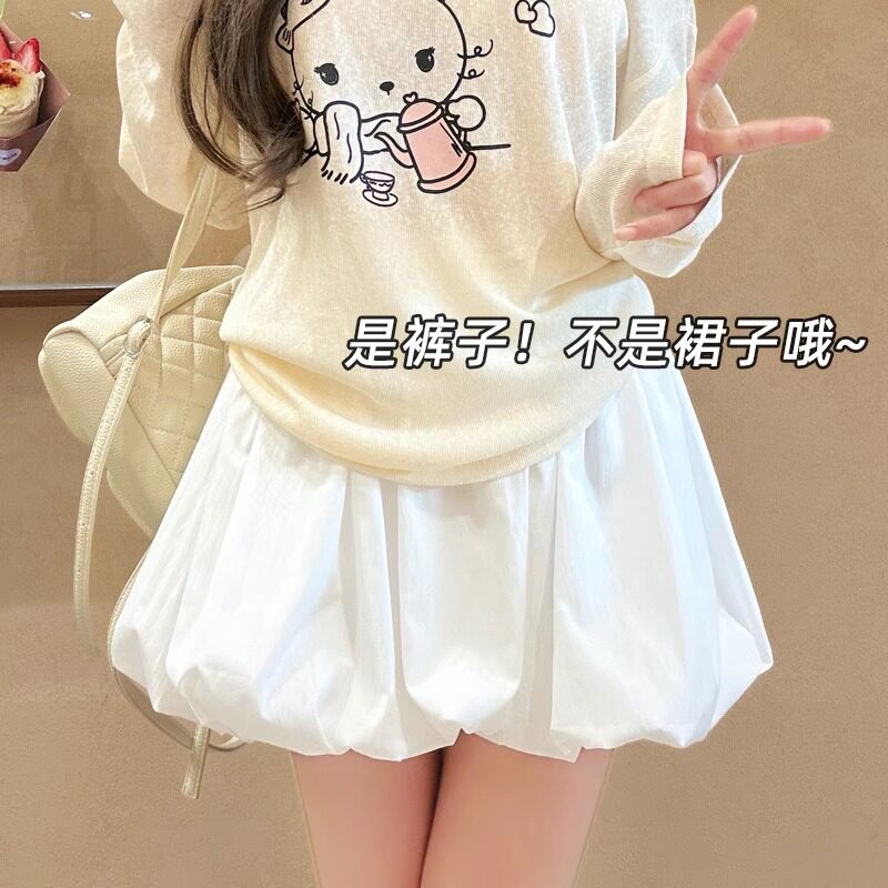 Takeoff自制~防走光南瓜花苞裙夏季学生白色蛋糕裙高腰半身短裙女
